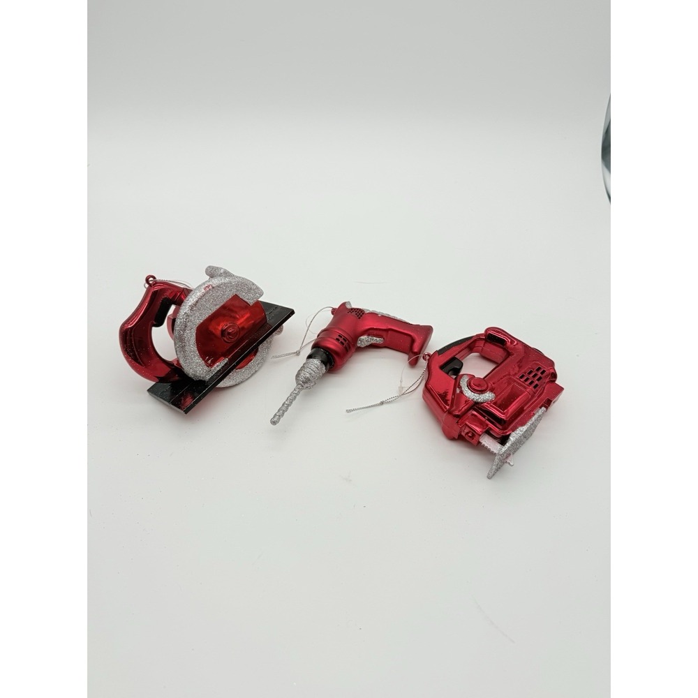3 Holiday Time Christmas Ornaments Plastic Power Tools Jigsaw Drill Hand Saw Red